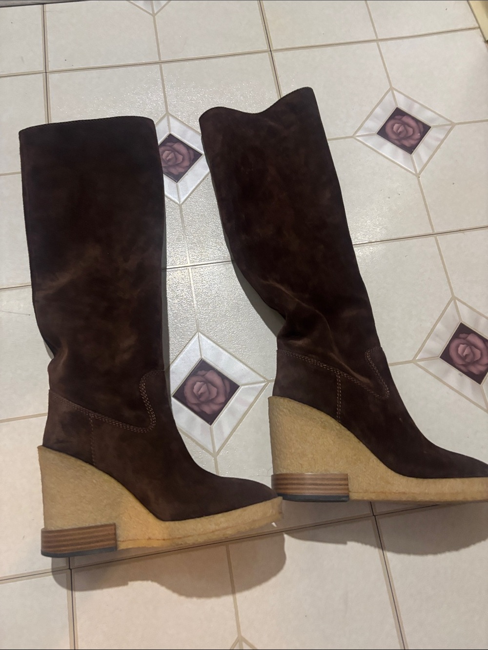 Tod's Dark Brown Suede Wedge Knee Boots